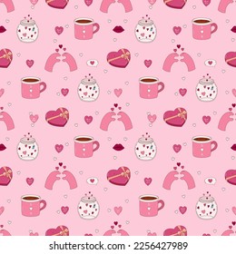 Valentine's Day Hand drawn seamless pattern. Jar, heart, mug, paw and other elements.