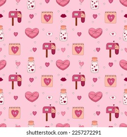 Valentine's Day Hand drawn seamless pattern. Letter, heart, mail, jar and other elements.