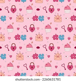 Valentine's Day Hand drawn seamless pattern. Letter, heart, cupcake, puzzle and other elements.