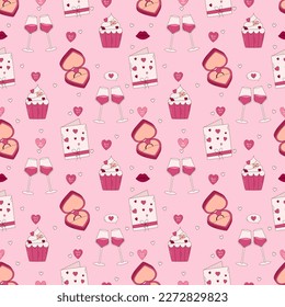 Valentine's Day Hand drawn seamless pattern. Postcard, heart, wine, ring and other elements.