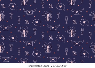 Valentine's day hand drawn seamless pattern. Crayon, chalk handmade elements. Gift, letter, speech bubble, key, tic-tac-toe, champagne glass. Vector background