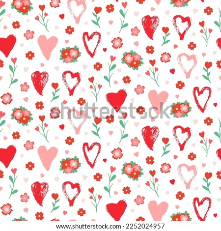 Valentine's Day hand drawn seamless pattern of cute heart and flower. Love symbol. Marker and brush heart shape. Colorful floral romantic doodle sketch illustration for wallpaper, wrapping paper