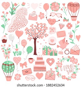 Valentines Day hand drawn set collection of a flowers, hot air balloons, hearts, envelopes, gifts, leaflet, glass ball, tree, cupcake, bird, glasses, ring. Illustration for greeting cards, invitation