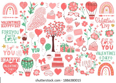 Valentine`s Day hand drawn set of flowers, rainbows, hot air balloons, hearts, envelopes, gifts, glass ball, tree, cupcake, bird, glasses, woman silhouette, fruits, stars. Illustration of lettering