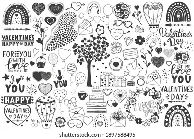 Valentine`s Day hand drawn set of flowers, rainbows, hot air balloons, hearts, envelopes, gifts, glass ball, tree, cupcake, bird, glasses, woman silhouette, fruits, stars. Illustration of lettering