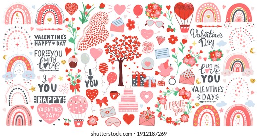 Valentine`s Day hand drawn set flowers  rainbows  hot air balloons  hearts  envelopes  gifts  glass ball  tree  cupcake  bird  glasses  woman silhouette  fruits  stars  Illustration lettering