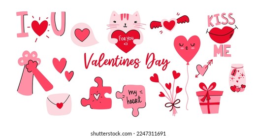 Valentine's Day Hand drawn Set. Valentine's day, wedding and love concept. Romantic element - cat, hearts, puzzles, gift, bubble, bouquet, letter and lips.