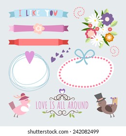 Valentine's Day hand drawn set vintage style vector design elements