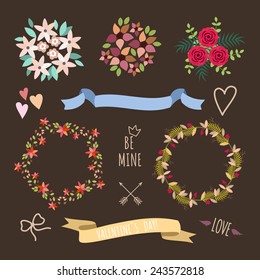 Valentine's Day hand drawn set vintage style vector design elements