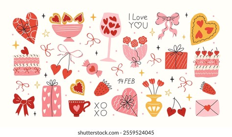 Valentine's day hand drawn sticker elements set. Trendy vintage doodle illustration. Design concept for 14 February. Pizza in heart, gifts, bows, hearts, sweet cakes, cherry, flowers, strawberry.