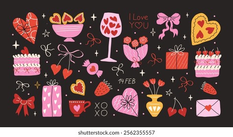 Valentine's day hand drawn sticker elements set. Trendy vintage doodle illustration. Design concept for 14 February. Pizza in heart, gifts, bows, hearts, sweet cakes, cherry, flowers, strawberry.