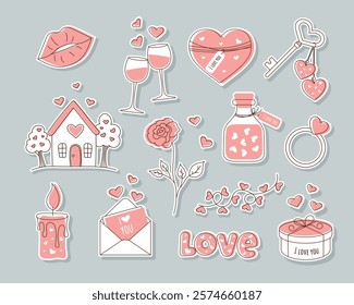 Valentine's day hand drawn sticker set. Design concept for 14 February. Air kiss, wine in glasses, key, lovers house, rose, potion ring, candle, envelope, gift box, garland