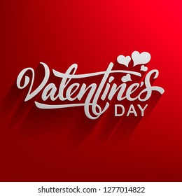 Valentines day hand drawn text with falling shadow isolated on red background. Vector white inscription in lettering style.