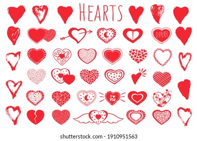 Valentine`s Day hand drawn vector set of hearts with patterns, stars, flowers, text. Love symbol, brush shape, drops and strokes of paint, ink. Abstract isolated collection. Cute doodle illustration