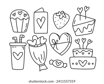 Valentine's Day Hand Drawn Vector Doodles. Design Elements and Clipart for Valentine Day Collection. Cute Illustration of Cake, Love Drink, Strawberry, Sweets, Hearts. Editable Stroke Outline Set.