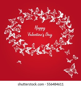 Valentine's day - hand drawn vector design with butterfly on red background. Logos and emblems for invitation, greeting card, prints and posters.