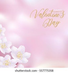 Valentine's day - hand drawn vector design with flower and gold text on blurred background. Logos and emblems for invitation, greeting card, prints and posters