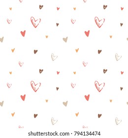 Valentine's day hand drawn vector pattern. Pink, beige and orange sketch hearts simple lovely background