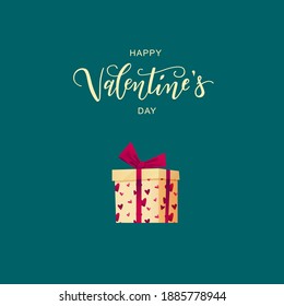 Valentine's Day hand lettering text with gift box, decorated with hearts. Cartoon vector illustration.