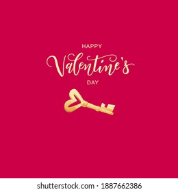 Valentine's Day hand lettering text with key in the shape of a heart. Cartoon vector illustration.