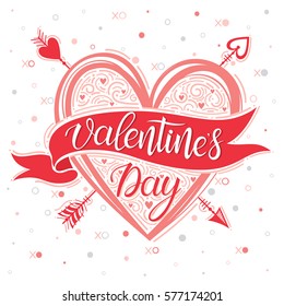 Valentines Day - Hand painted lettering with hearts and arrows. Romantic heart illustration perfect for design greeting cards, prints, flyers,holiday invitations and more.Vector Valentines Day card.