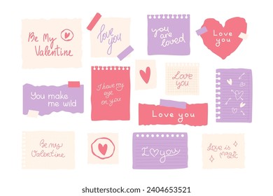 Valentine's Day hand writing love messages on various paper sheets with ragged edges from copybook, notes with adhesive tapes, stickers. Vector illustration. Doodle heart stamp. Romance letters.