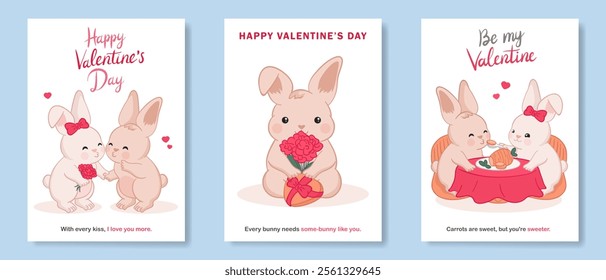 Valentine's day hand-drawn cute cards set: chubby bunnies kissing; kawaii rabbits sitting together at table and feeding each other; bunny sitting with a heart-shaped gift box and a bouquet of flowers.