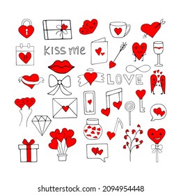 At Valentine's Day, a hand-drawn doodle, a set of items and symbols. Holiday greeting card and wedding invitation, Happy Moments and Valentine's Day design.