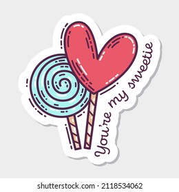 Valentine's Day hand-drawn doodle sticker with simple engraving retro effect and quote. Romantic mood cute love symbol and lettering.