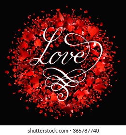 Valentines day handdrawn lettering card on red heart background 