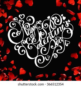 Valentines day handdrawn lettering card on red heart background 