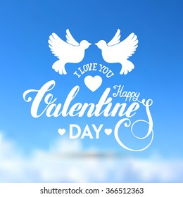 Valentines day handdrawn lettering  card on blue sky background