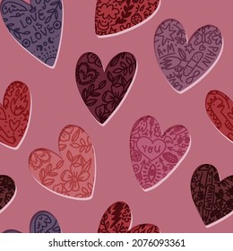 Valentine's Day hand-drawn seamless pattern with tattoo hearts, various symbols, phrases, messages. Trendy mauve palette vector illustration for fabric, textile, wrapping paper, wallpaper print.