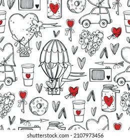 Valentine's Day hand-drawn set.  Vector seamless pattern. Sketch  illustration.
