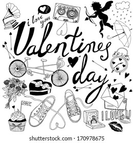 Valentines day hand-drawn symbols collection 