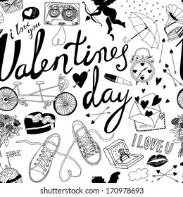 Valentines day hand-drawn symbols seamless pattern 
