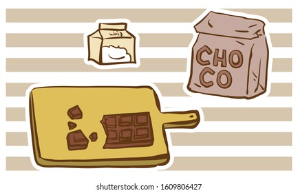 Valentine's Day Handmade Chocolate Material Series ~ With white frame ~ Chocolate and chocolate and cream on a cutting board