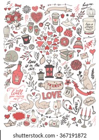 Valentine's Day handsketched doodle set - freehand vector illustration. Traditional romantic symbols: heart shapes, desserts, doves, swans, champagne, love letters, roses, florals and flourishes.