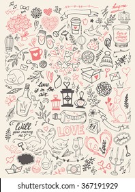 Valentine's Day handsketched doodle set - freehand vector illustration. Traditional romantic symbols: heart shapes, desserts, doves, swans, champagne, love letters, roses, florals and flourishes.