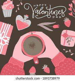 Valentine's day handwritten lettering caligraphic card with two hands holding cup of coffee with latte art heart shape. Retro flat vector illustration. Coffee lover with romantic elements