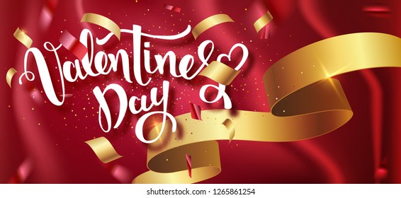 Valentines day handwritten text with confetti on red background. Vector illustration. Wallpaper, flyers, invitation, posters, brochure, banners. Vector illustration EPS10