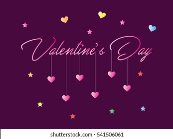 Valentine's day with hanging hearts, scattered colorful hearts and stars on purple background