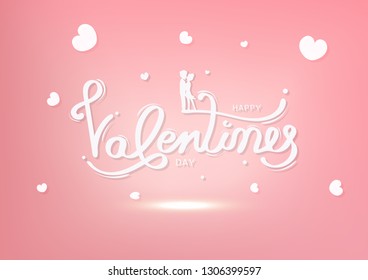 Valentines day, happiness of lover, greeting card, calligraphy decoration silhouette people, white and pink pastel holiday abstract background vector illustration