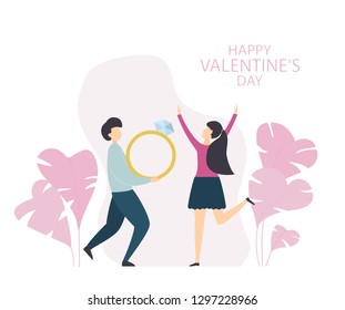 Valentines Day and happy couple woman and man with giant ring. Abstract plants in the shape of a heart, illustration.