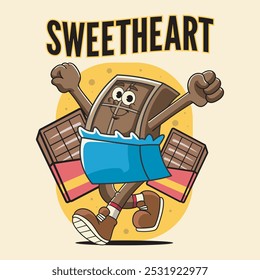 Día de San Valentín con el carácter lindo feliz del chocolate en la Ilustración vectorial de dibujos animados retro Groovy Antiguas para la etiqueta engomada, insignia, parche, Anuncio, tarjeta de felicitación, invitación