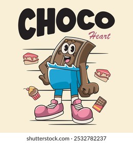 Valentines Day with Happy cute chocolate character in Groovy Vintage Retro Cartoon Vector Illustration for sticker, badge, patch, banner, greeting card, invitation