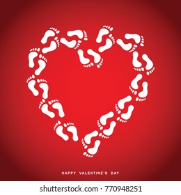 Valentine's Day with happy heart, Footsteps are heart-shaped On a red background.