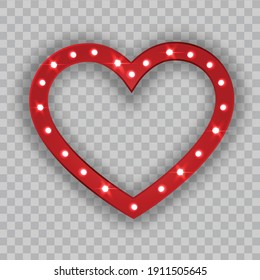 Valentine's Day happy heart. Greeting card shiny light sign. Heart banner light bulbs. Red retro neon heart shape sign on transparent background