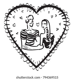 Valentine's day. Happy lovers vector sketch. Graphic logotype about love and joy. Man and woman in heart shape. Textile design t-shirt stickers