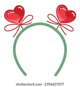 Valentine's Day headband with red heart shape ears. Romantic hair band vector illustration for greeting cards, banners, and decor.